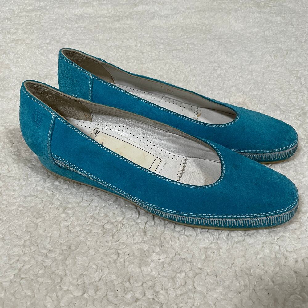 Bruno Magli Suede Skimmer Flats / Tiny Wedge Turquoise‎ Embroidered 6 N - Picture 5 of 10